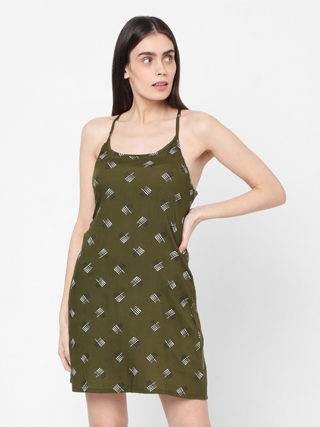 

Smarty Pants Women Olive Printed SleepShirt