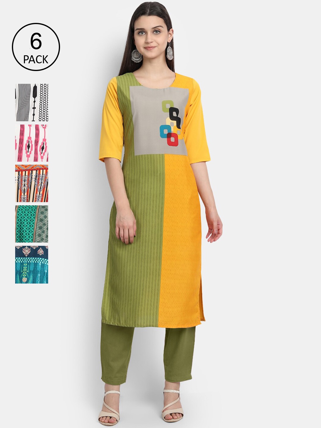 

Ethnic basket Women Pack of 6 Geometric Printed Crepe Kurta, Multi