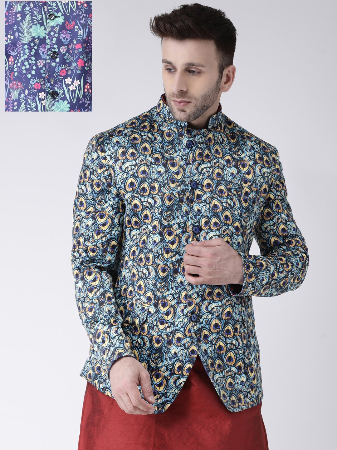 

Hangup Men Blue & Purple Printed Reversible Bandhgala Blazer