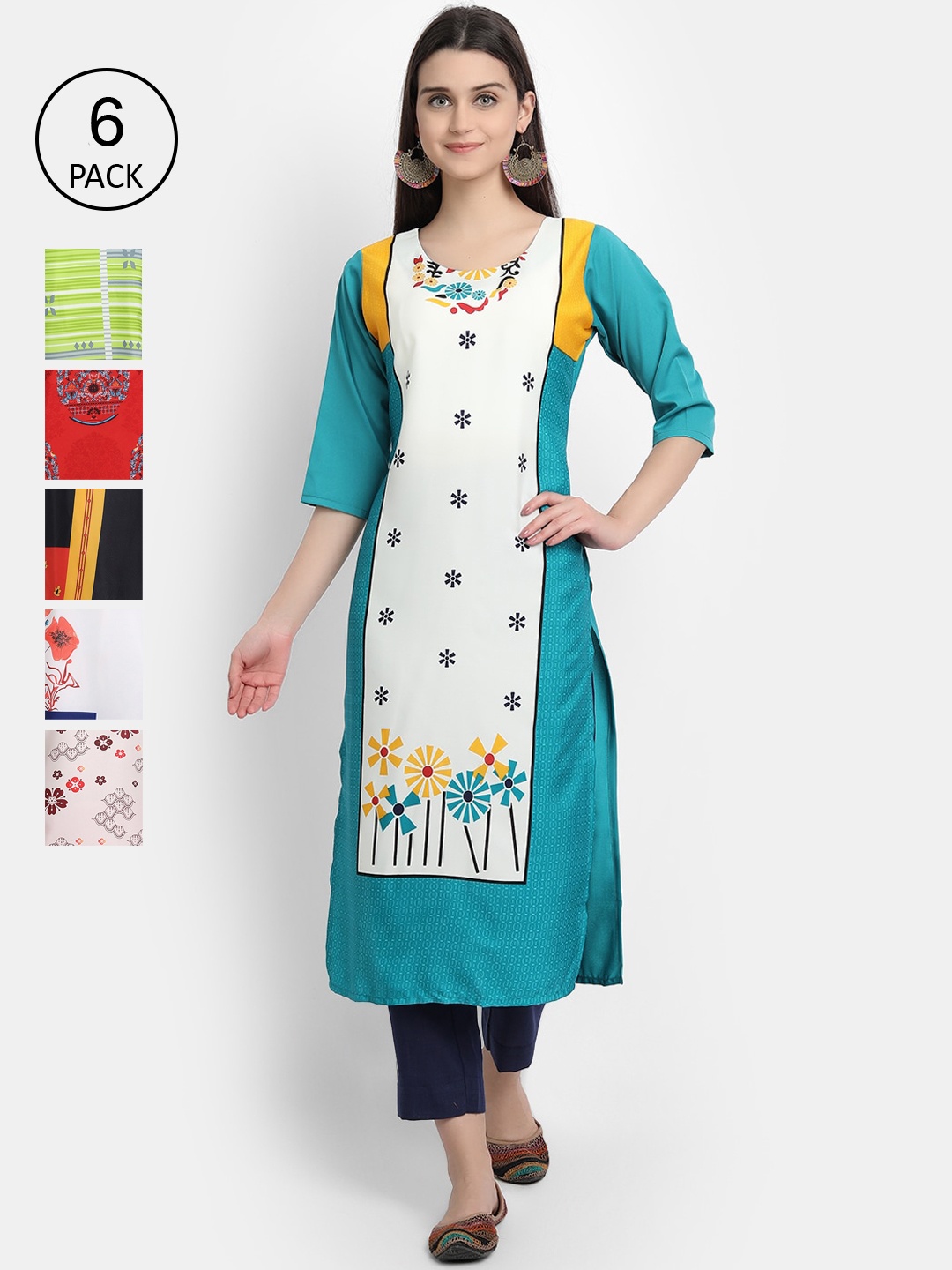 

Ethnic basket Women Pack Of 6 Printed Crepe Kurta, Green