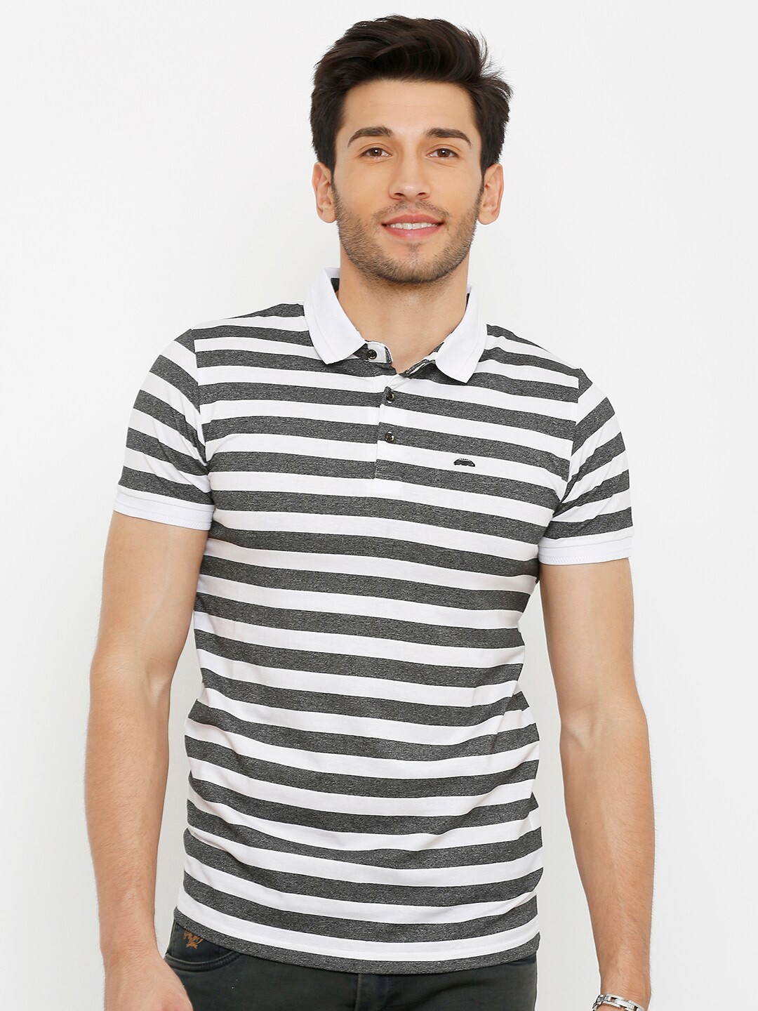 

Rex Straut Jeans Men Grey White Striped Polo Collar Monochrome Slim Fit Cotton Pure Cotton T-shirt