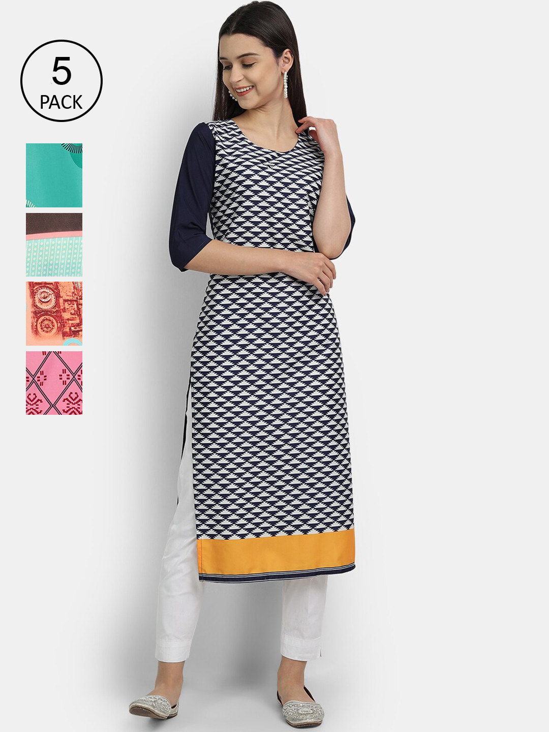 

Ethnic basket Women Pack of 5 Geometric Printed Crepe Kurta, Multi