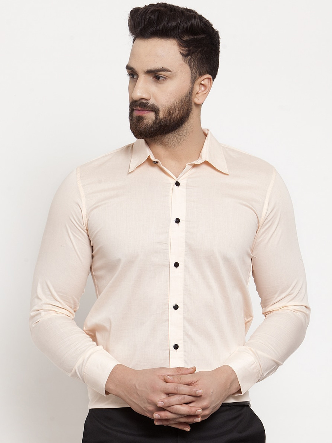 

Purple State Men Peach-Coloured Cotton Slim Fit Solid Formal Shirt