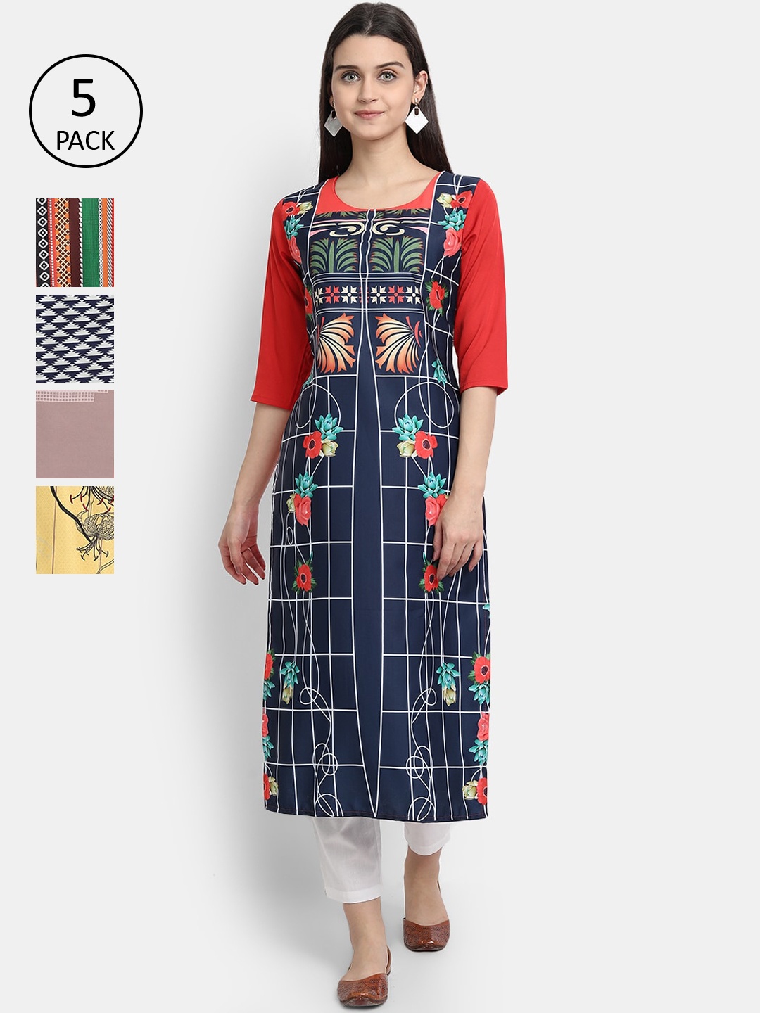 

Ethnic basket Women Set of 5 Multicoloured Ethnic Motifs Printed Crepe Kurta, Multi