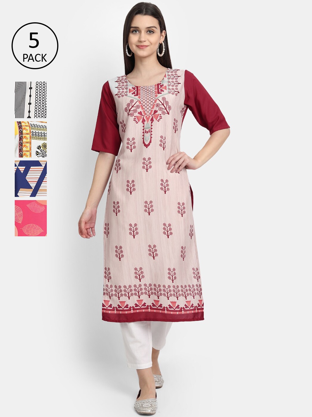 

Ethnic basket Women Pack Of 5 Ethnic Motifs Printed Crepe Kurtas, Multi