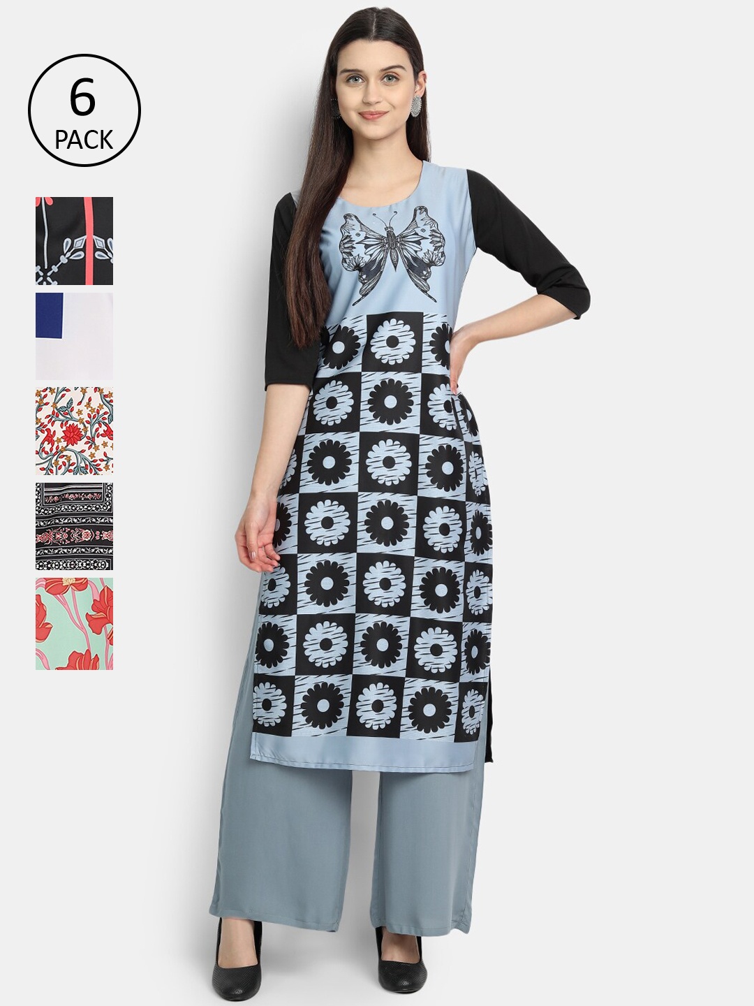 

Ethnic basket Women Pack of 6 Ethnic Motifs Printed Crepe Kurta, Blue