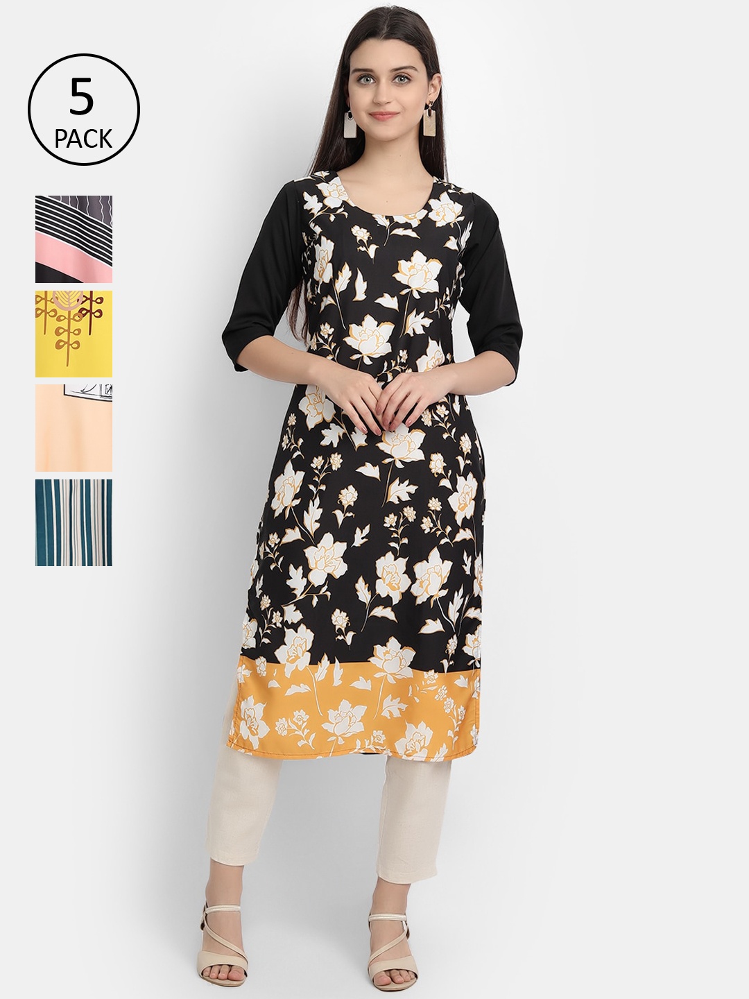 

Ethnic basket Women Pack Of 5 Multicoloured Floral Printed Crepe Kurtas, Multi