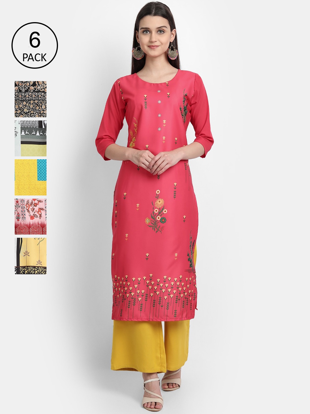 

Ethnic basket Women Set of 6 Multicoloured Ethnic Motifs Printed Crepe Kurta, Multi