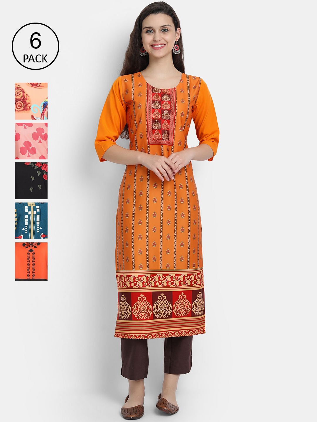 

Ethnic basket Women Pack of 6 Ethnic Motifs Printed Crepe Kurta, Multi