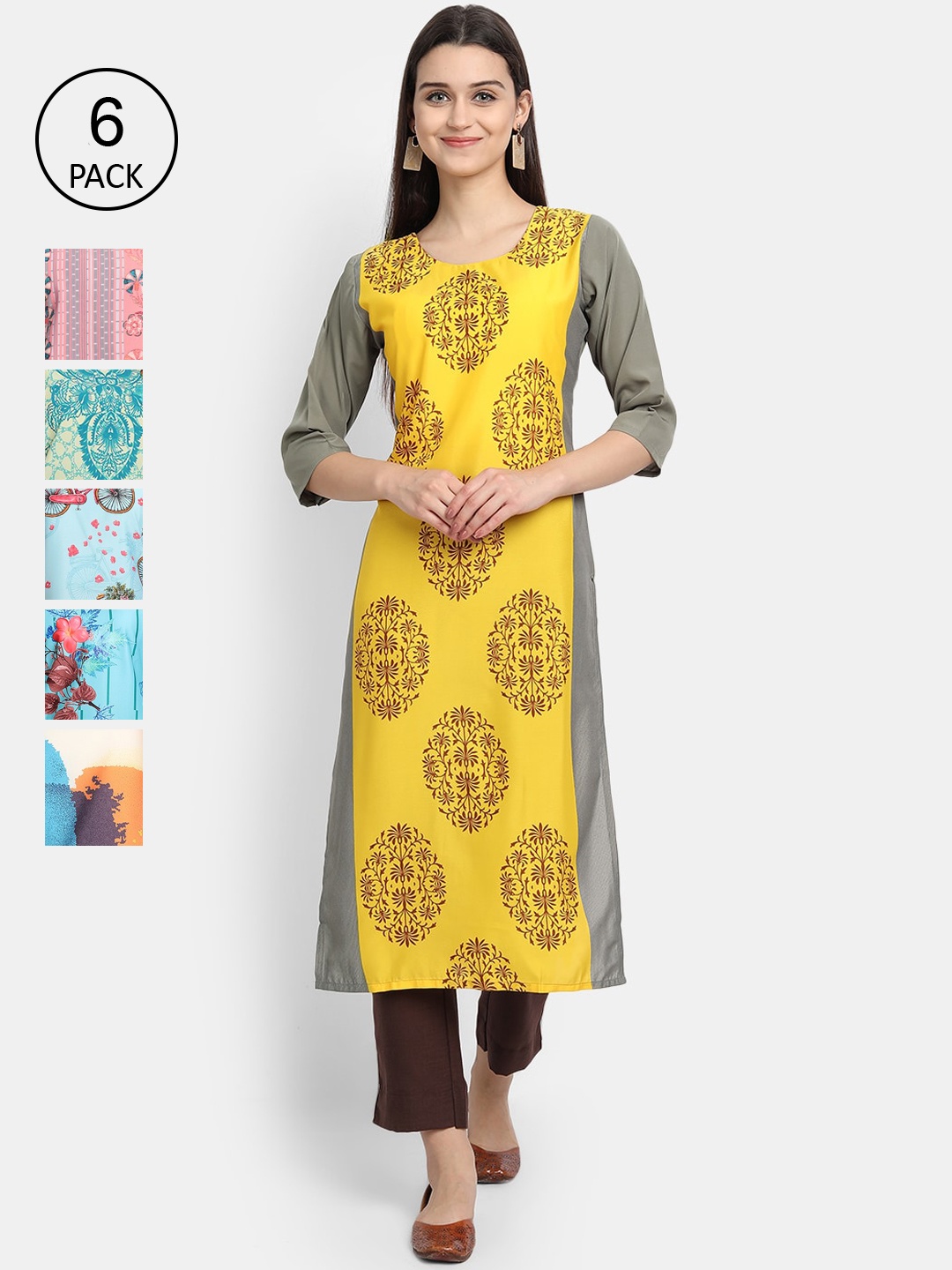 

Ethnic basket Women Set of 6 Multicoloured Ethnic Motifs Printed Crepe Kurta, Multi