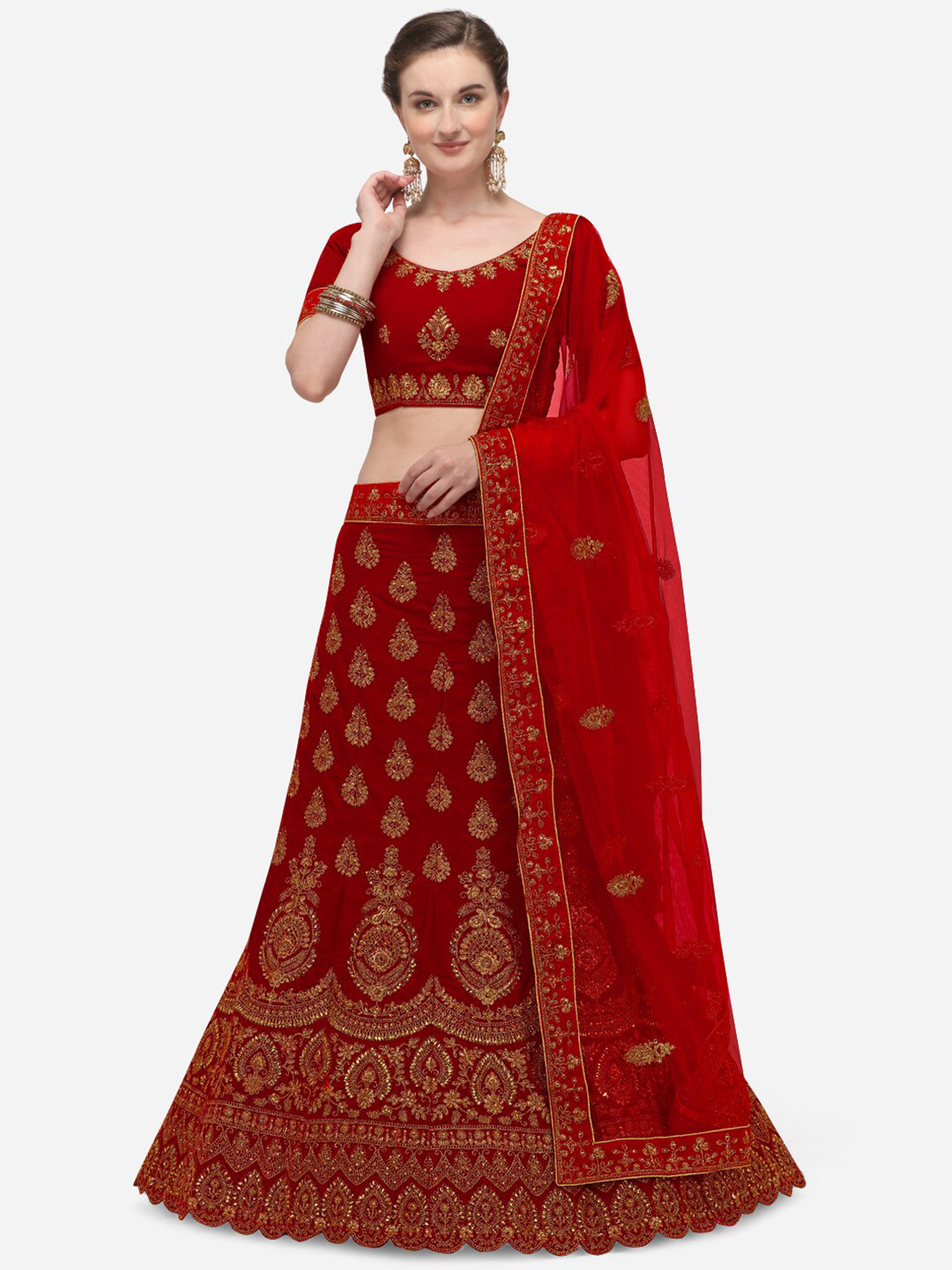 

Netram Red & Gold-Toned Embroidered Semi-Stitched Lehenga & Unstitched Blouse with Dupatta