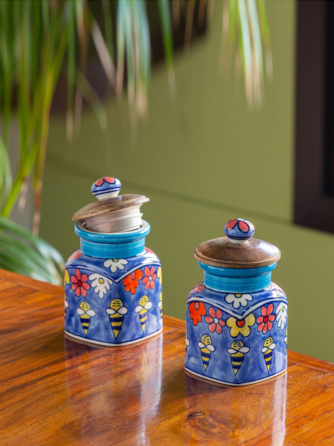 

ExclusiveLane Set Of 2 Hand-Painted Ceramic Kitchen Storage Jars & Container - 270 ML, Blue