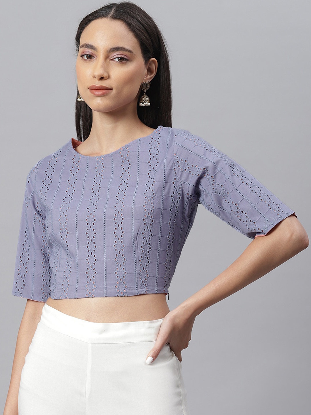 

Janasya Blue Schiffli Regular Crop Top
