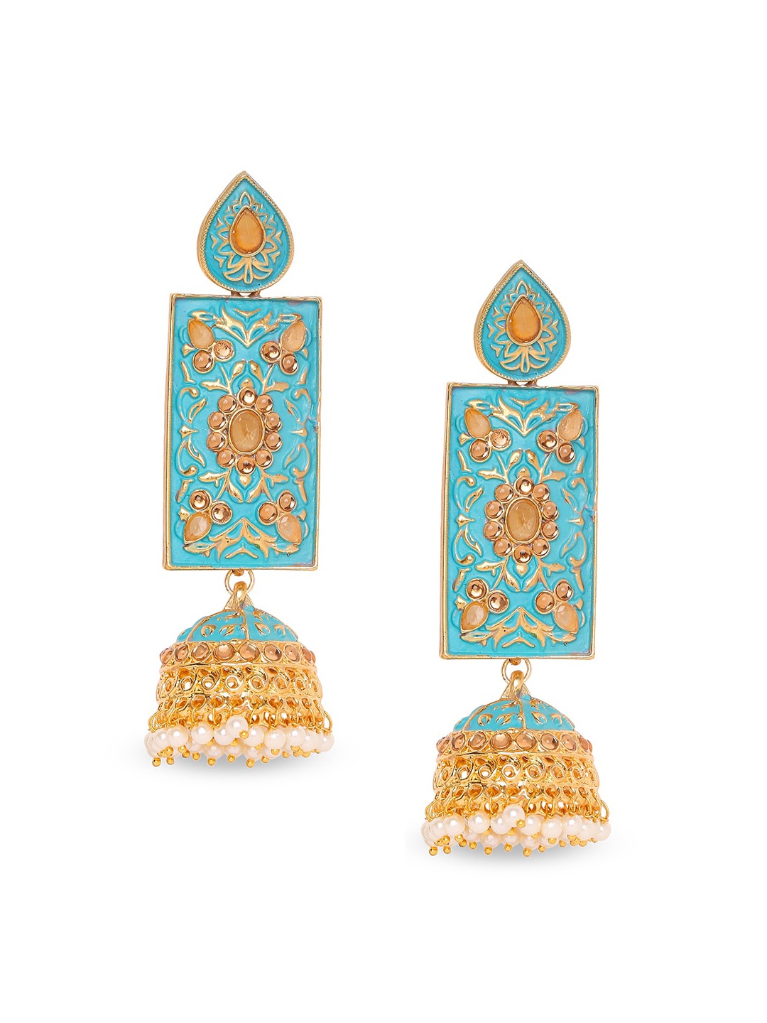 

Mahi Blue Gold-Plated Stone Studded & Beaded Meenakari Dome Shaped Jhumkas