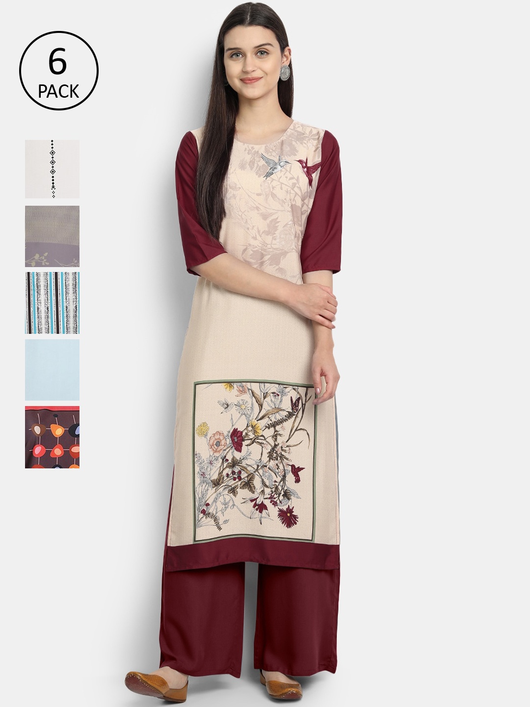 

Ethnic basket Women Pack of 6 Multicoloured Ethnic Motifs Printed Kurtas, Multi