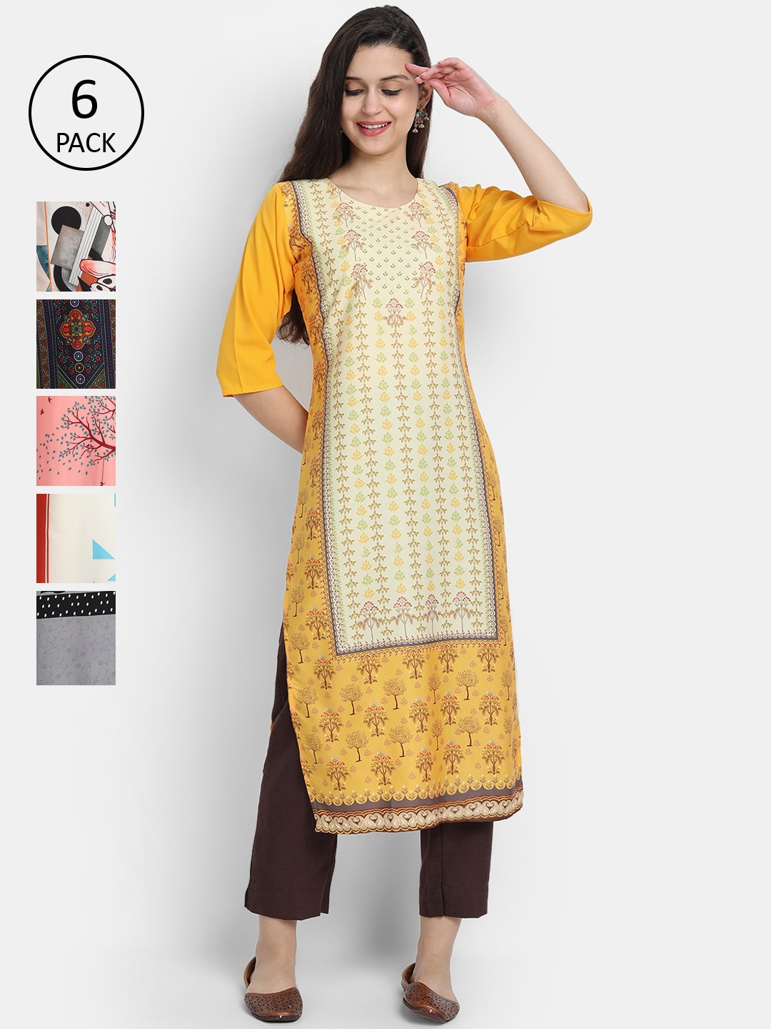

Ethnic basket Women Pack Of 6 Printed Crepe Kurta, Yellow