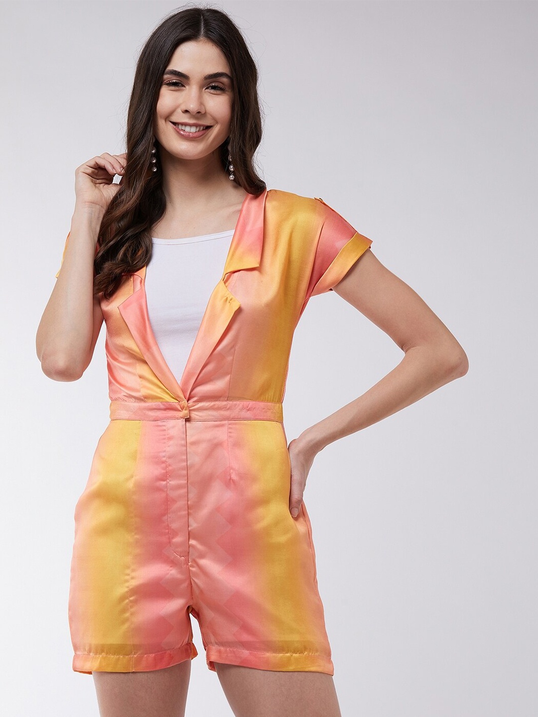 

Zima Leto Women Peach-Coloured & Yellow Printed Playsuit