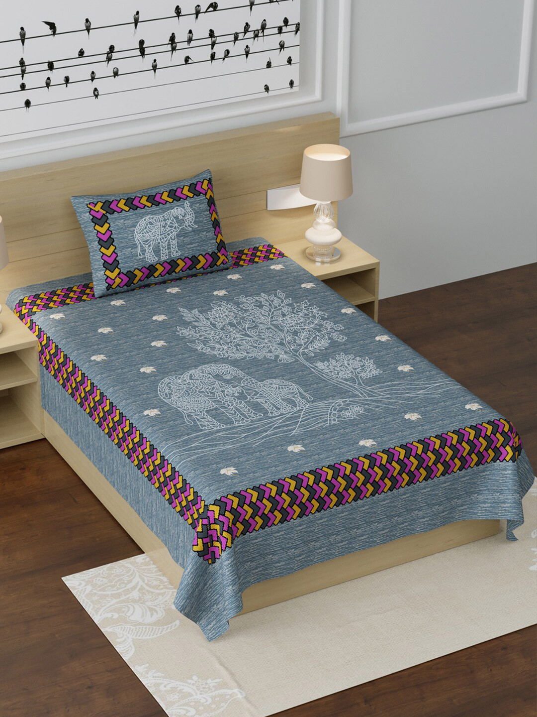 

LIVING ROOTS Grey & Purple Ethnic Motifs 210 TC Cotton 1 Single Bedsheet with 1 Pillow Covers