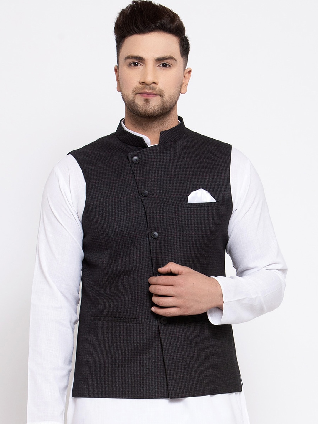 

MAXENCE Men Black Solid Woven Nehru Jacket
