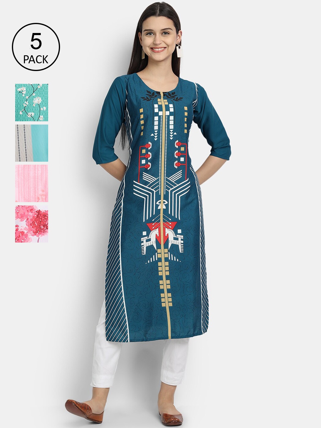

Ethnic basket Women Pack Of 5 Printed Crepe Kurta, Blue