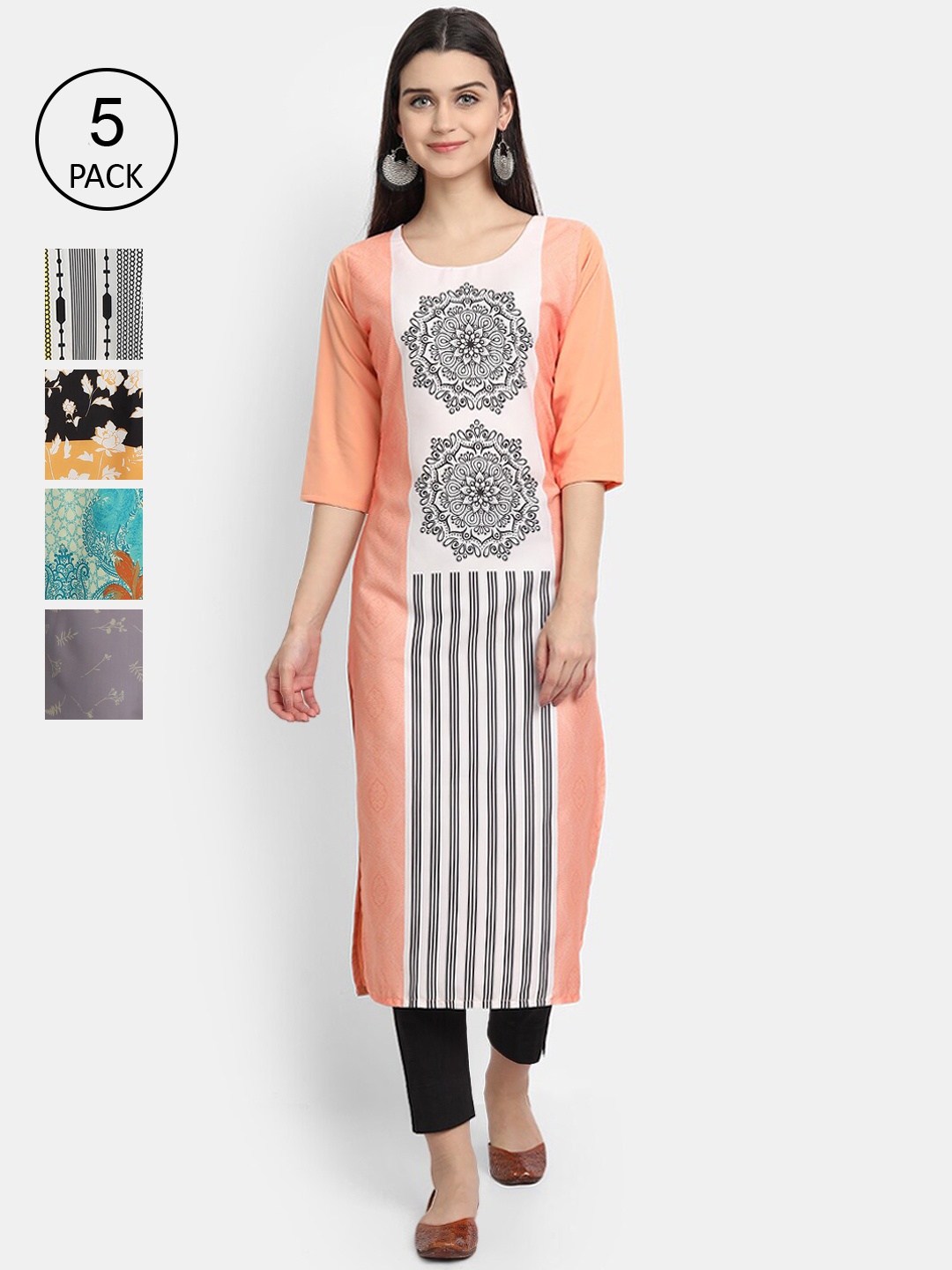 

Ethnic basket Women Pack of 5 Striped Crepe Kurta, Peach