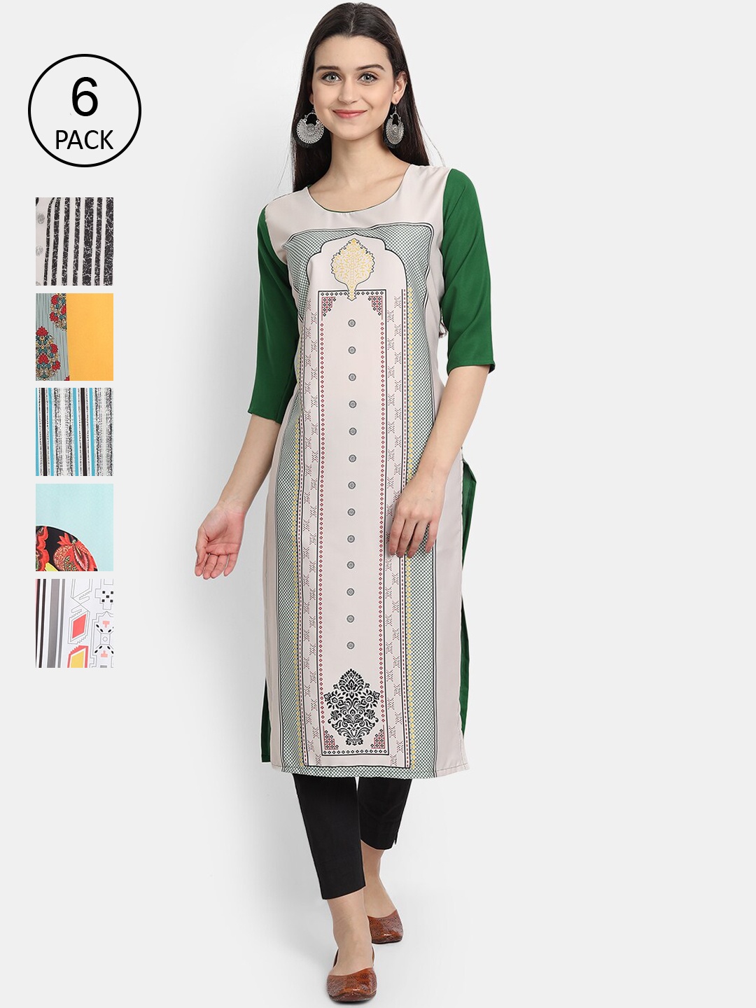 

Ethnic basket Women Pack Of 6 Ethnic Motifs Printed Crepe Kurta, Multi