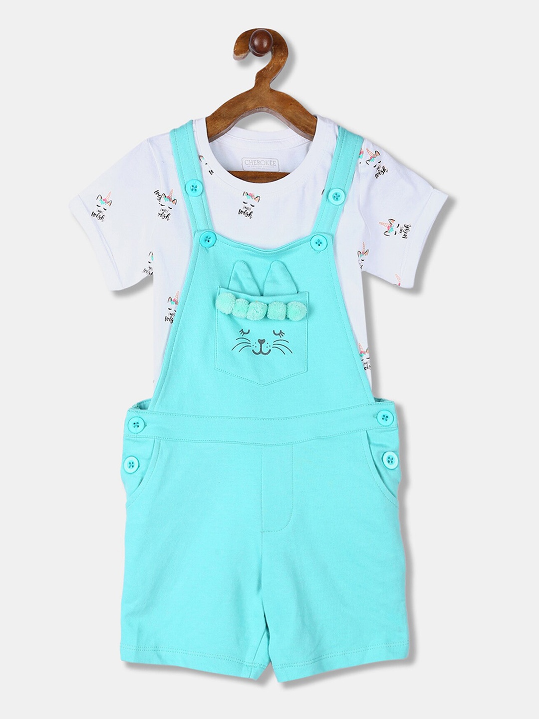 

Cherokee Girls Turquoise Blue & White Pure Cotton Dungarees With T-Shirt
