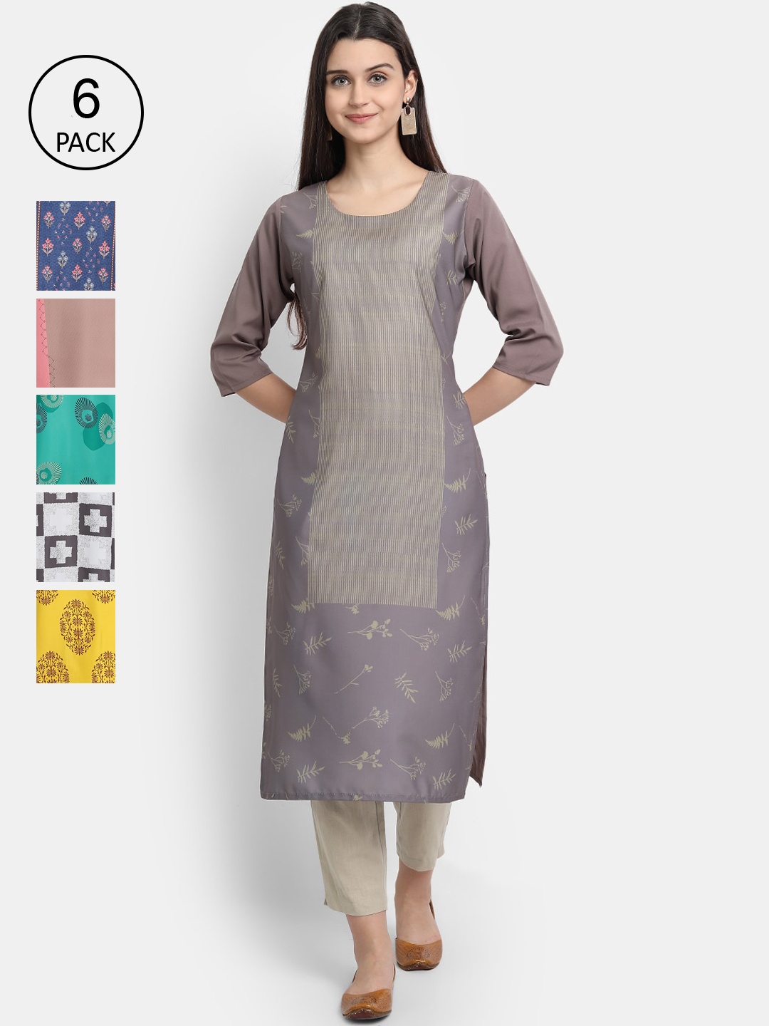 Ethnic basket Women Pack Of 6 Multicoloured Ethnic Motifs Printed Crepe Kurtas, Multi