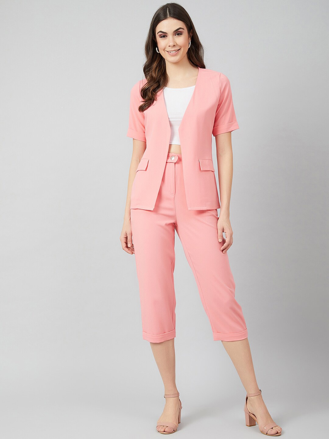 

Athena Women Peach-Coloured Solid Coat with Trousers