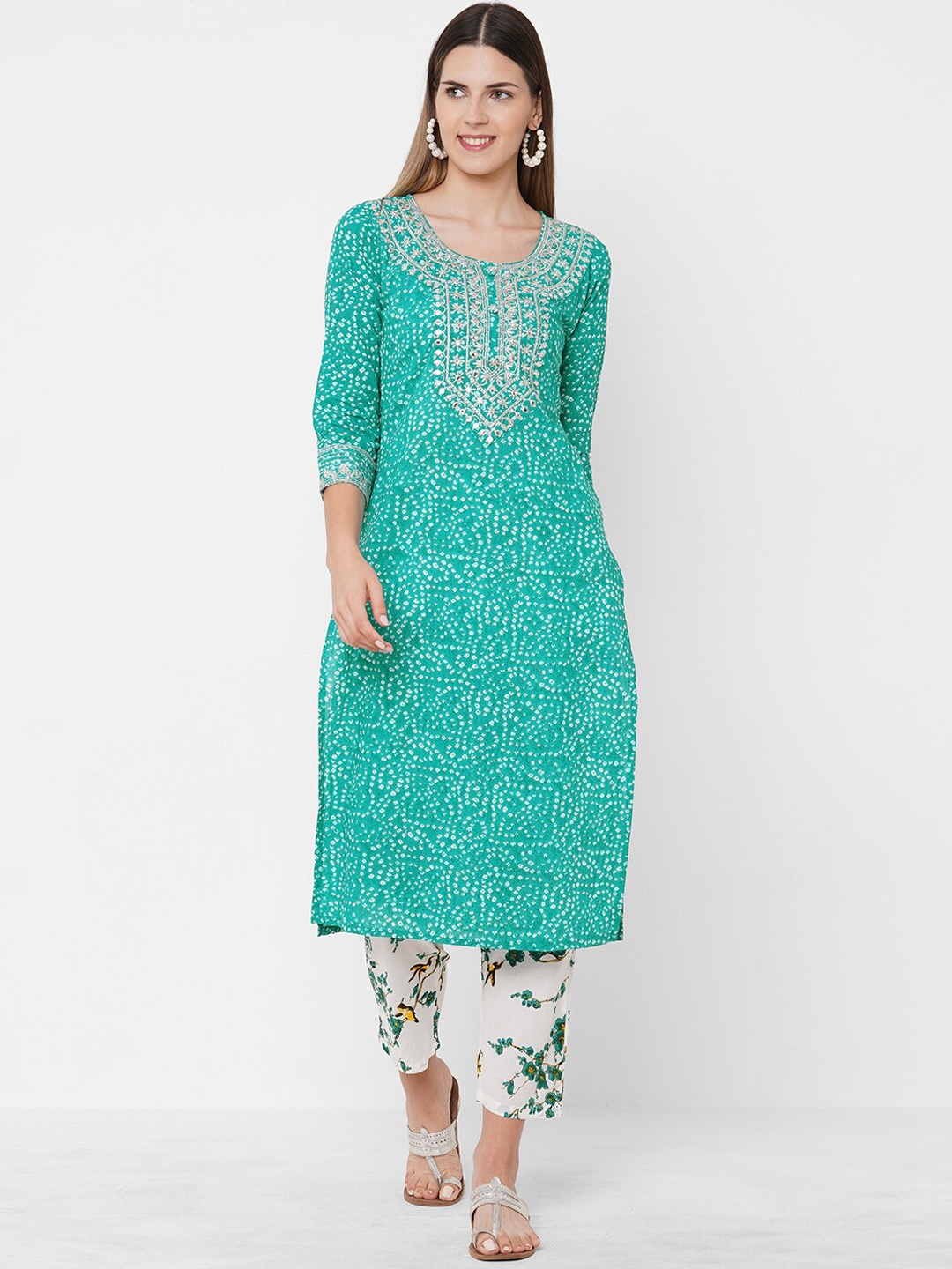 

FASHOR Women Sea Green & White Floral Straight Pure Cotton Kurta with Trousers