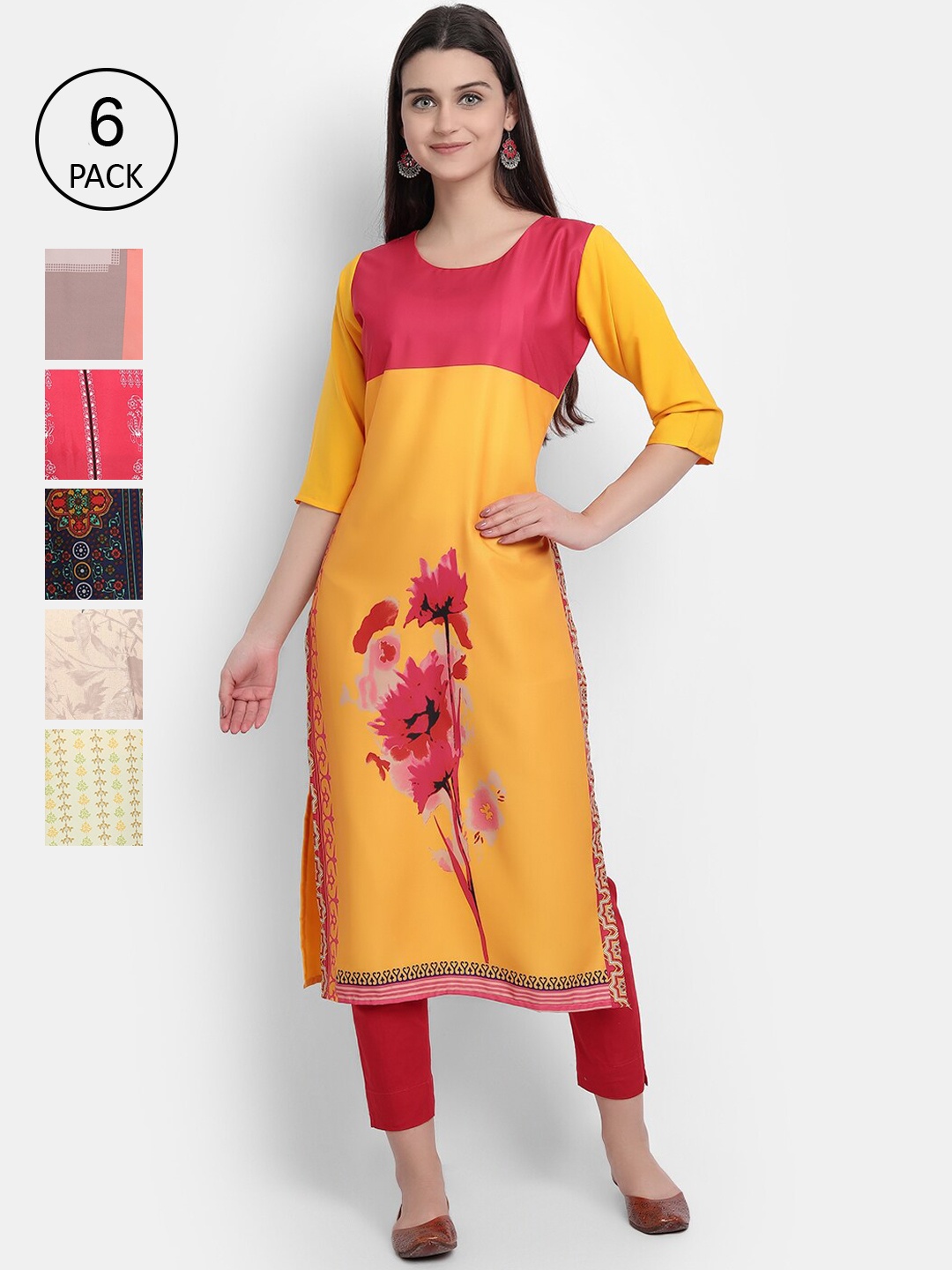 Ethnic basket Women Pack Of 6 Floral Printed Crepe Kurta, Multi
