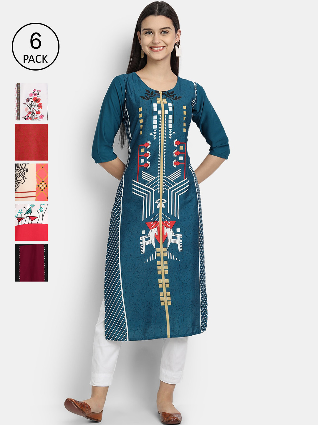 

Ethnic basket Women Pack of 6 Geometric Printed Crepe Kurta, Multi