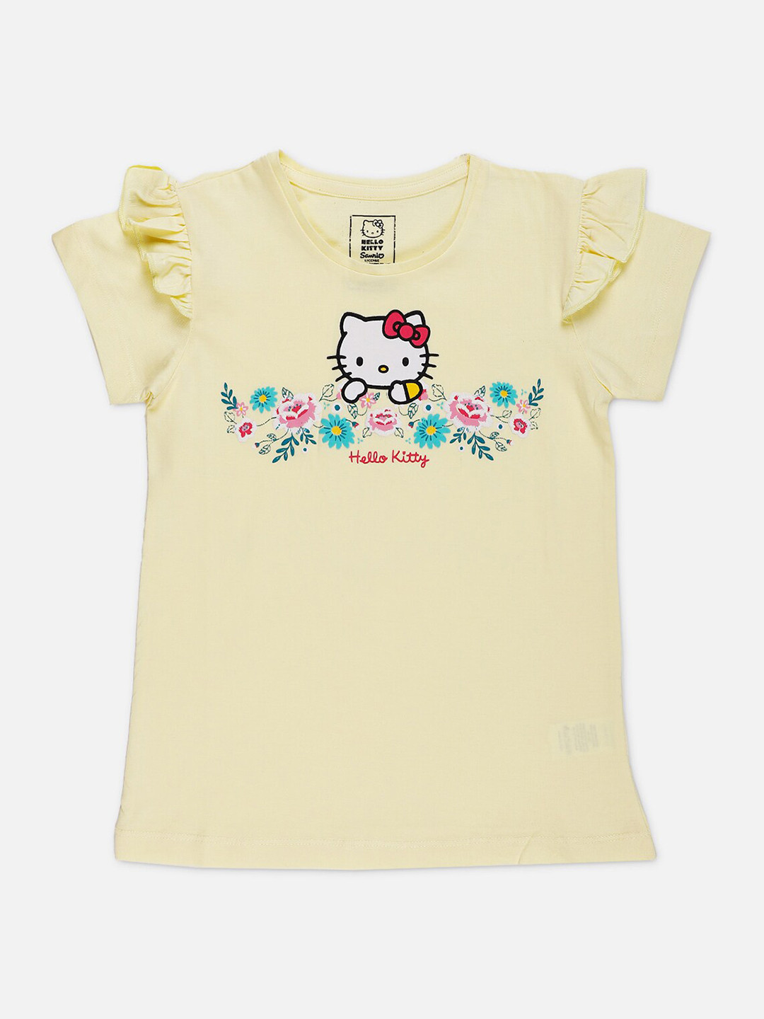

Kids Ville Girls Yellow & Pink Hello Kitty Print Ruffled Cotton Top