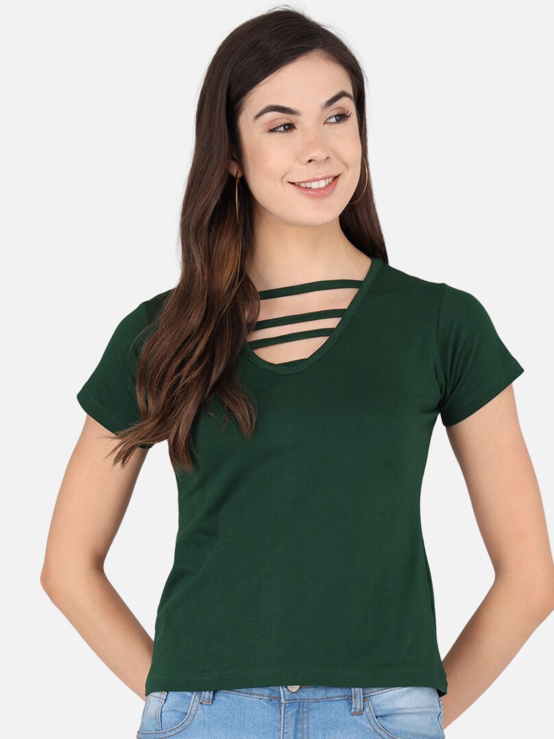 

The Dry State Women Green Colourblocked V-Neck T-shirt