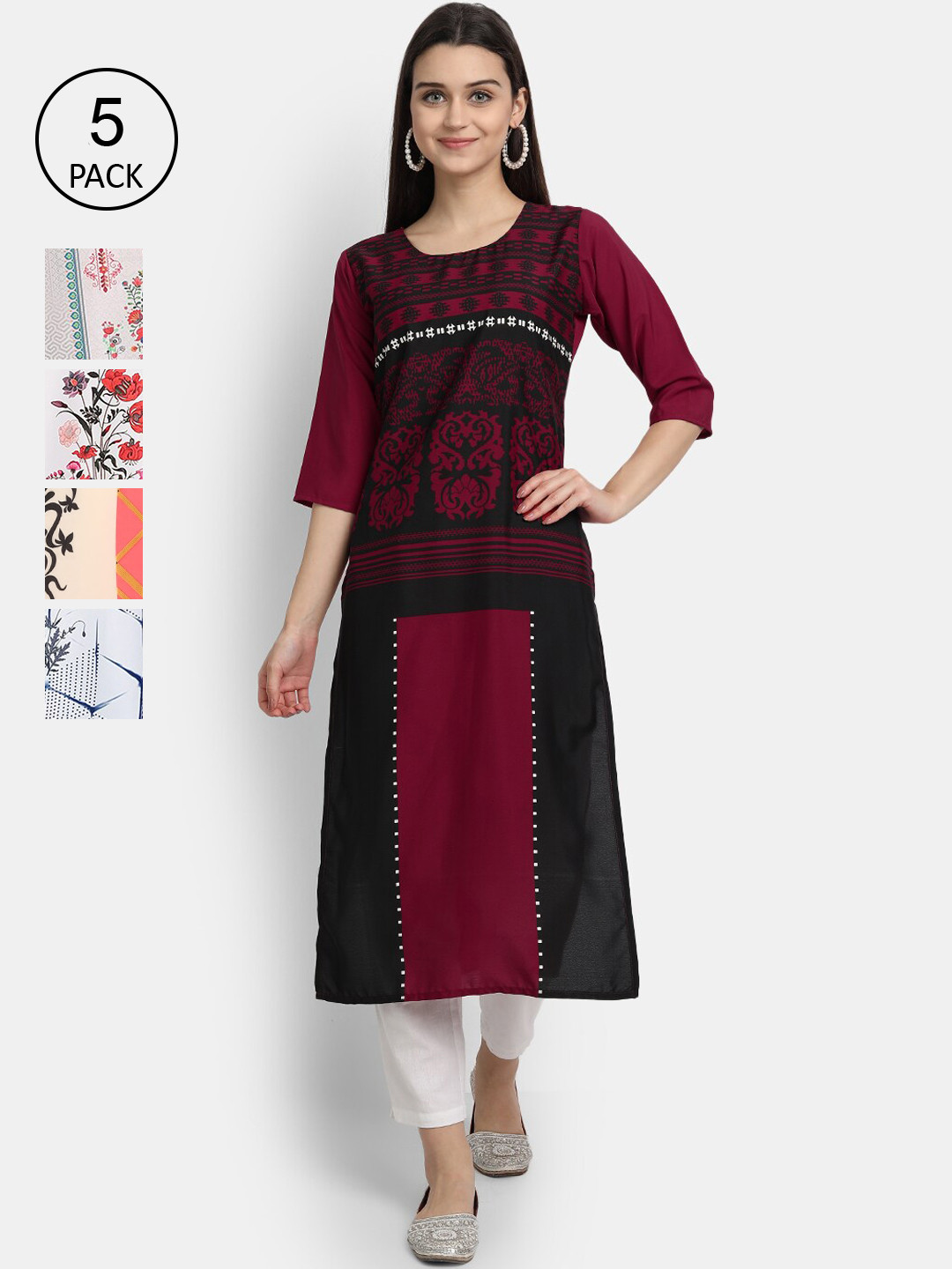 

Ethnic basket Women Pack Of 5 Ethnic Motifs Printed Crepe Kurtas, Multi
