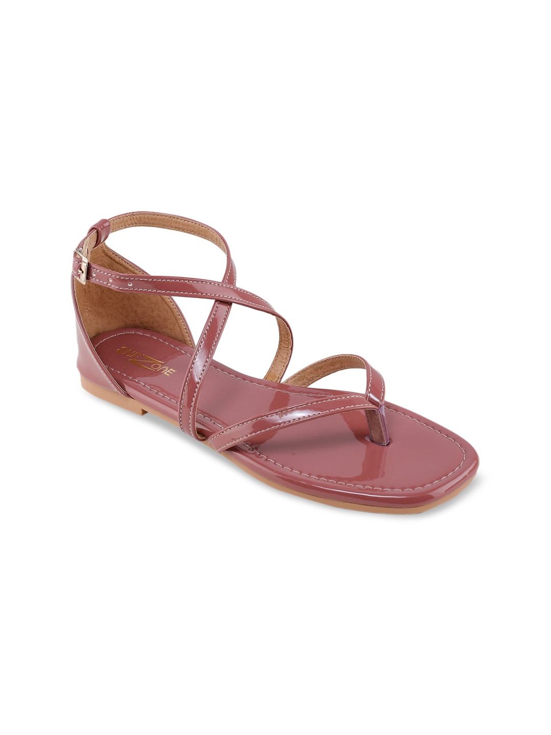Shezone Women Rust Striped Open Toe Flats with Buckles
