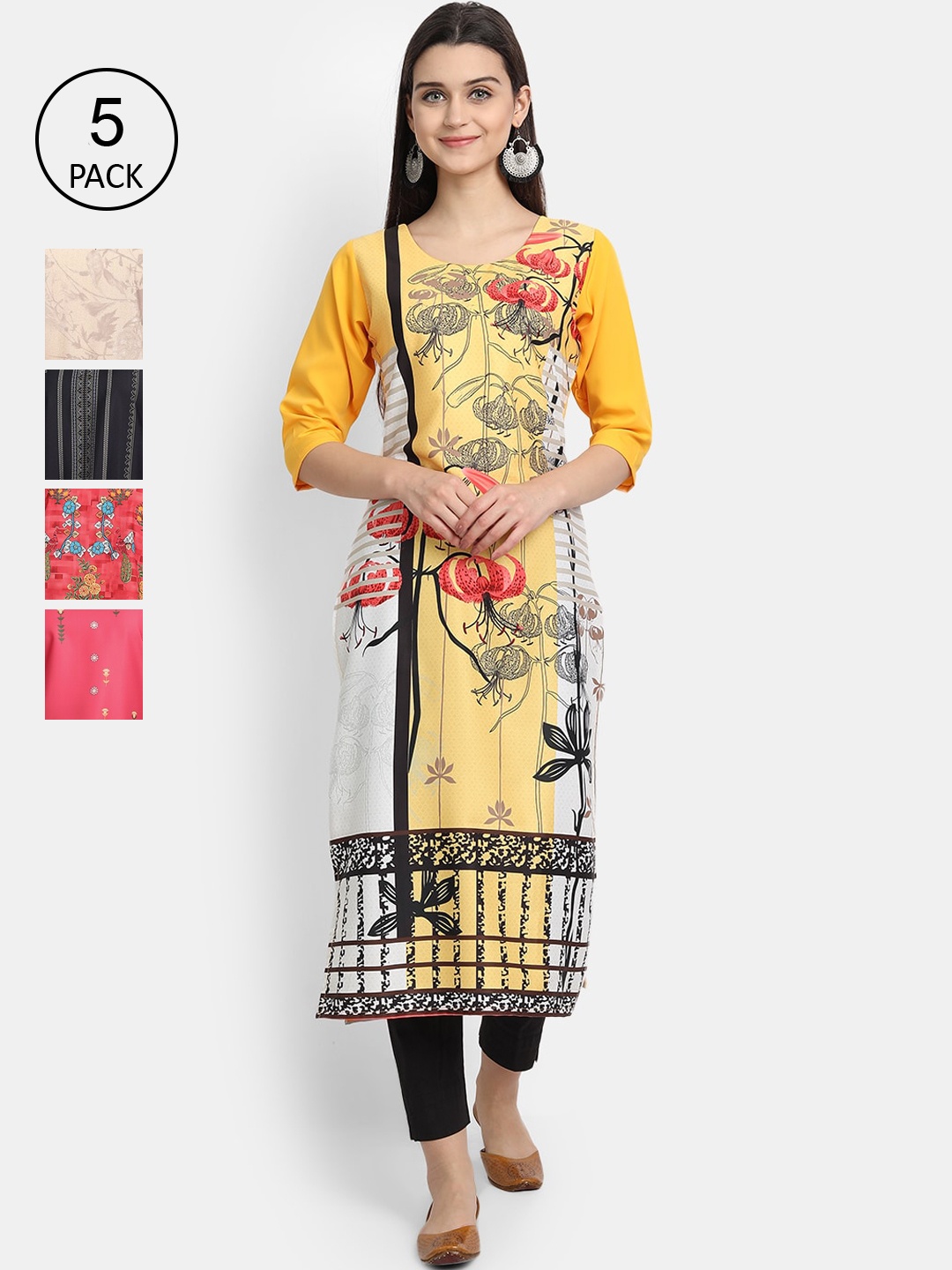 

Ethnic basket Women Pack Of 5 Floral Printed Crepe Kurta, Multi