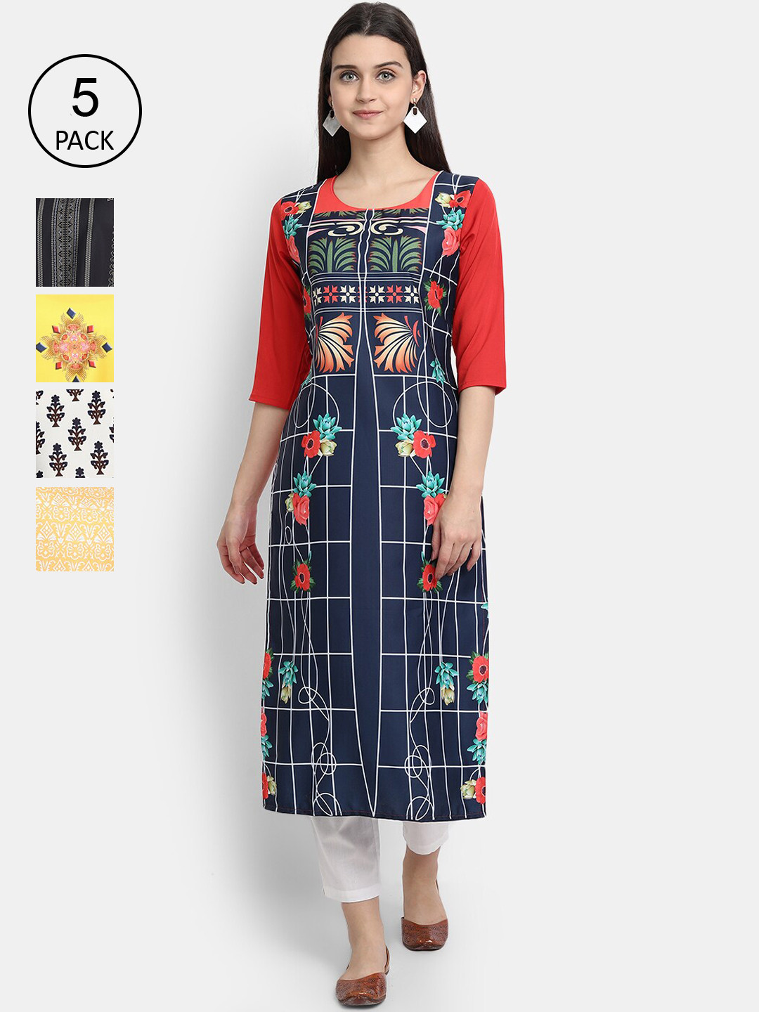 

Ethnic basket Women Pack Of 5 Ethnic Motifs Printed Crepe Kurtas, Multi