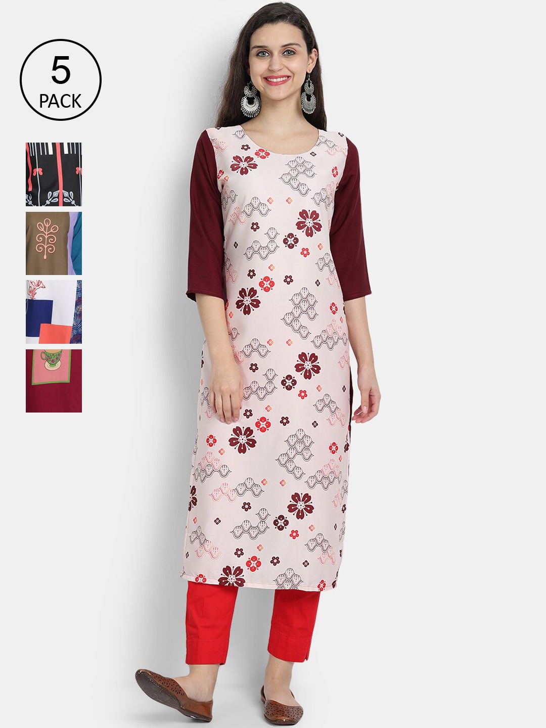 

Ethnic basket Pack of 5 Women Multicoloured Floral Printed Crepe Kurta, Multi