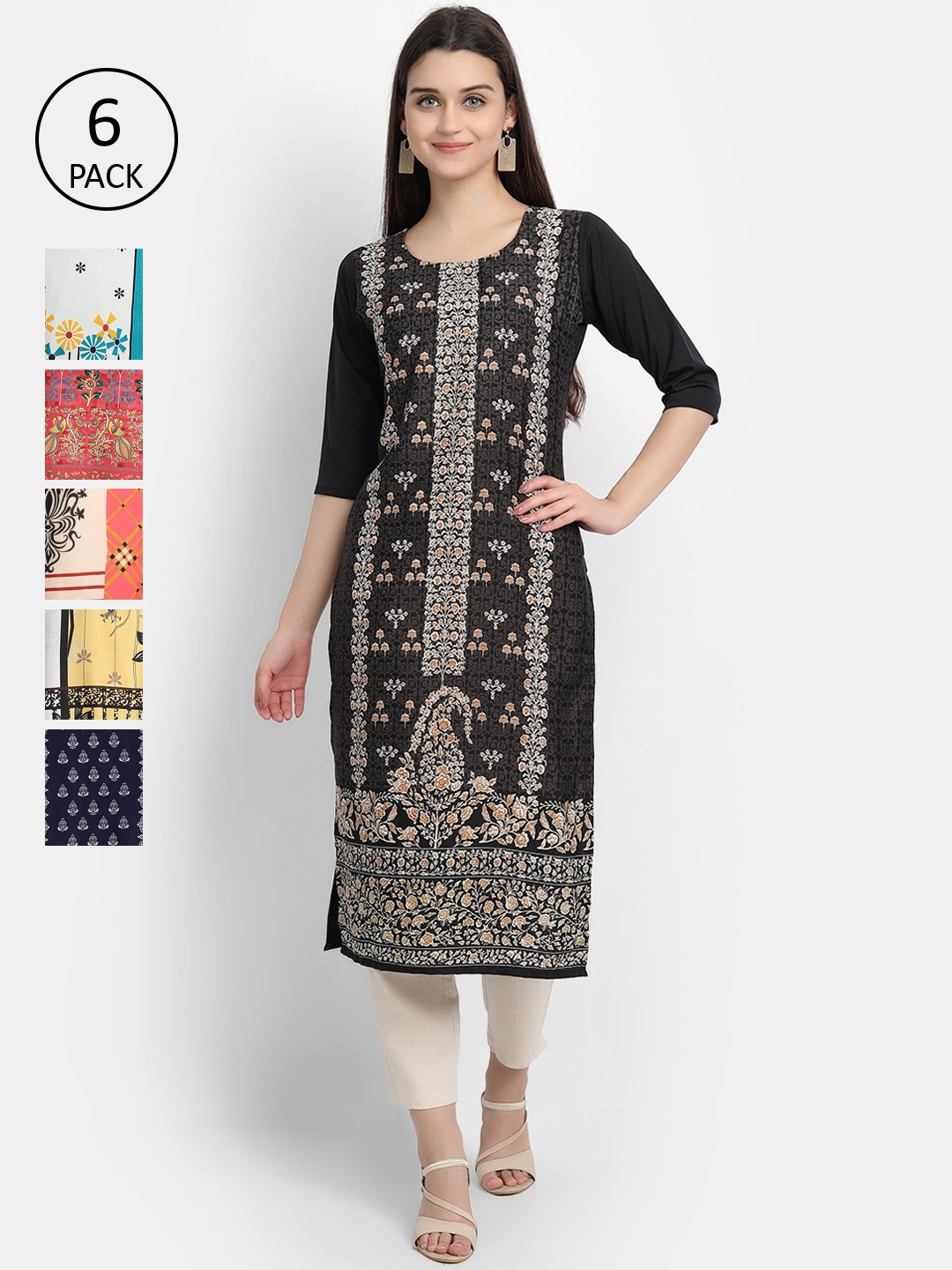 

Ethnic basket Women Pack Of 6 Ethnic Motifs Printed Crepe Kurta, Multi