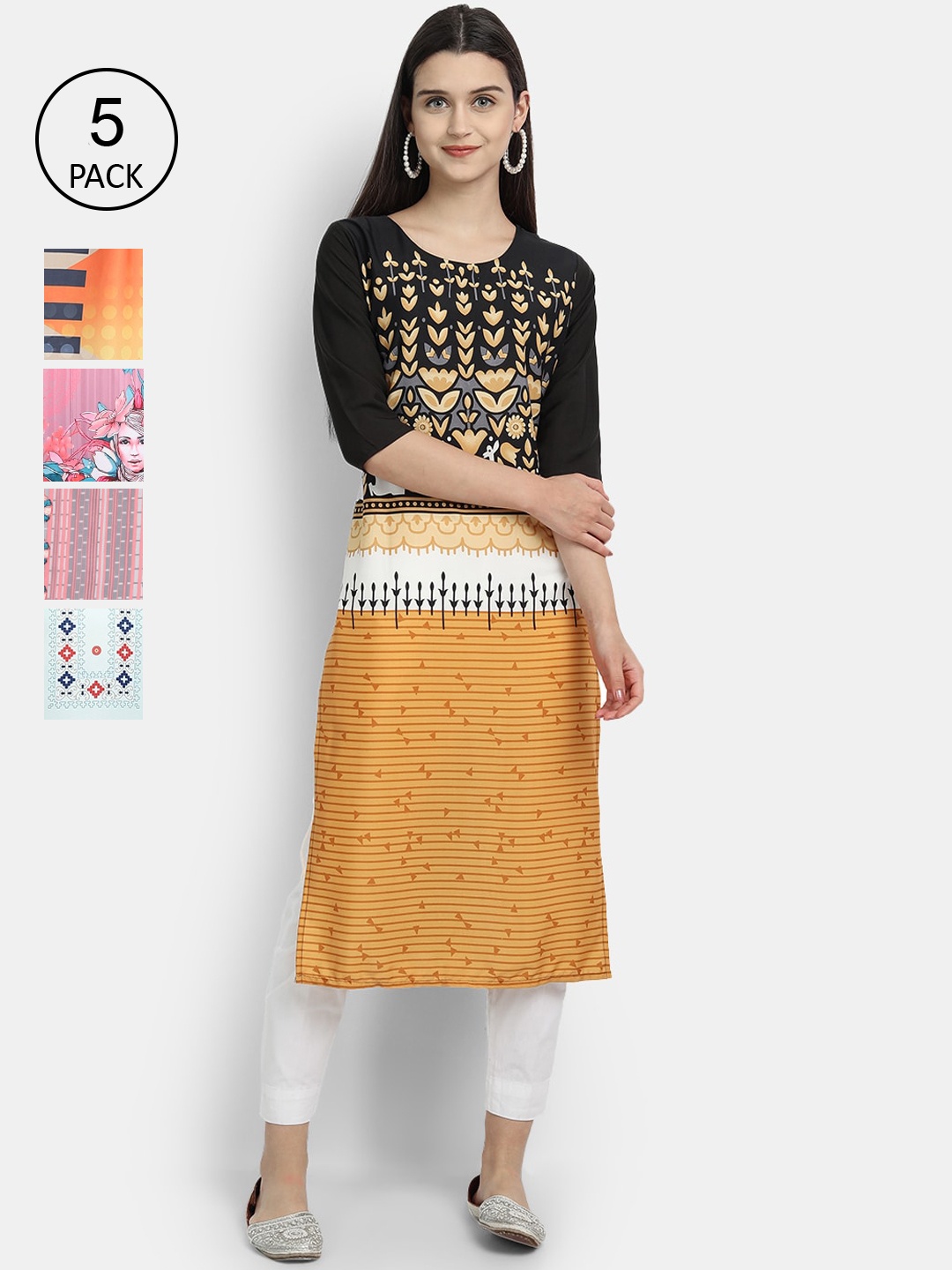 

Ethnic basket Women Set of 5 Multicoloured Ethnic Motifs Printed Crepe Kurta, Multi