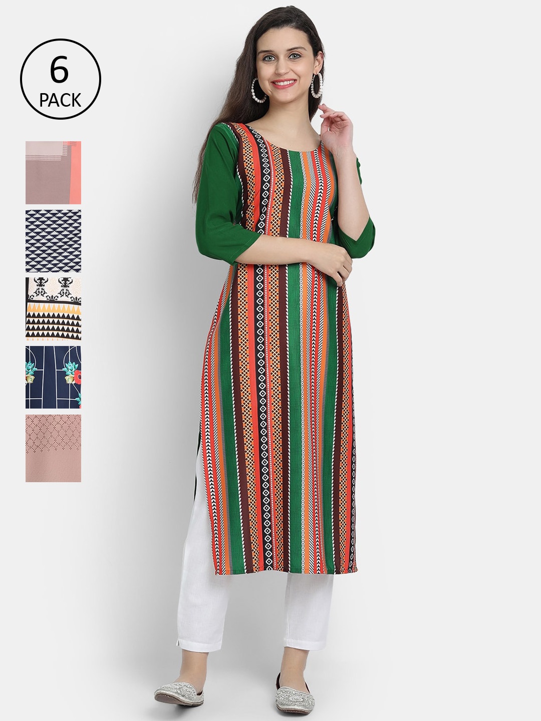 

Ethnic basket Women Pack Of 6 Ethnic Motifs Striped Crepe Kurta, Multi