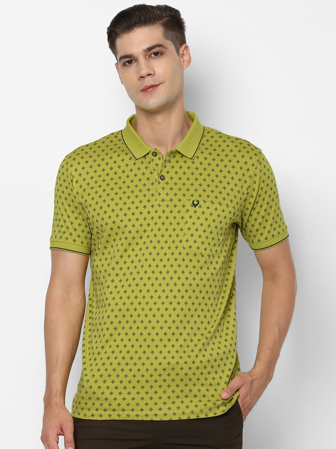 

Allen Solly Men Lime Green Black Printed Polo Collar Pure Cotton T-shirt with Pocket