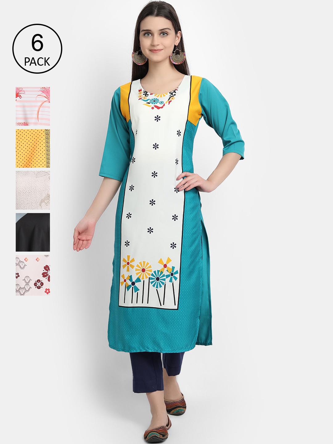 

Ethnic basket Women Set of 6 Multicoloured Floral Printed Crepe Kurta, Multi