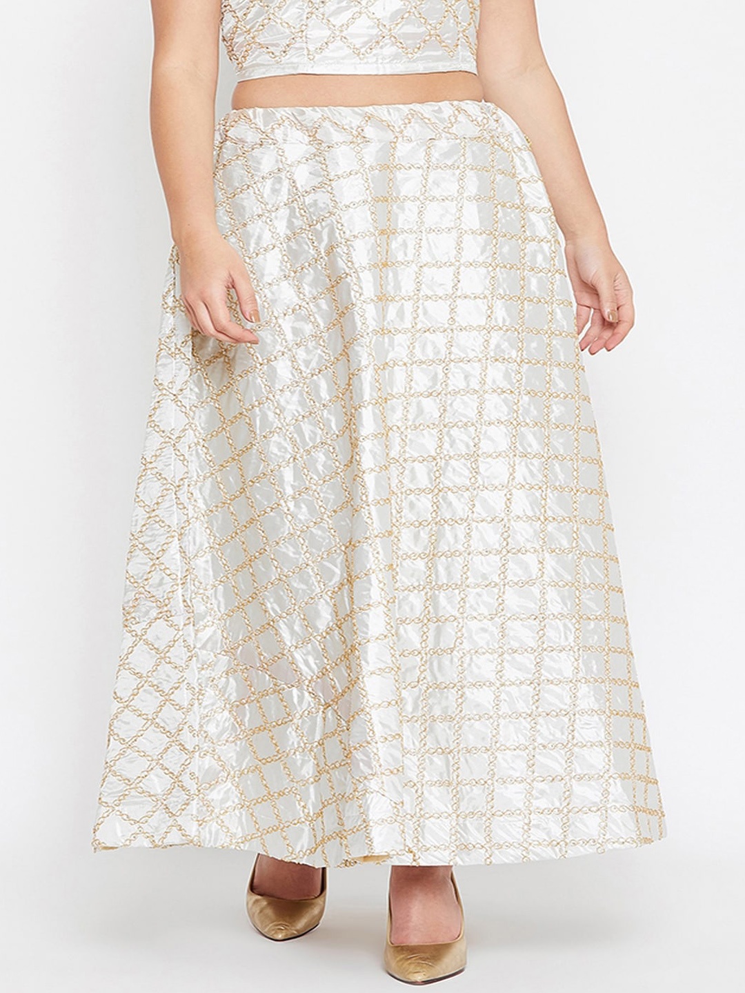 

TULIP 21 Women Silver & Gold Embroidered Pure Silk Flared Maxi Skirt