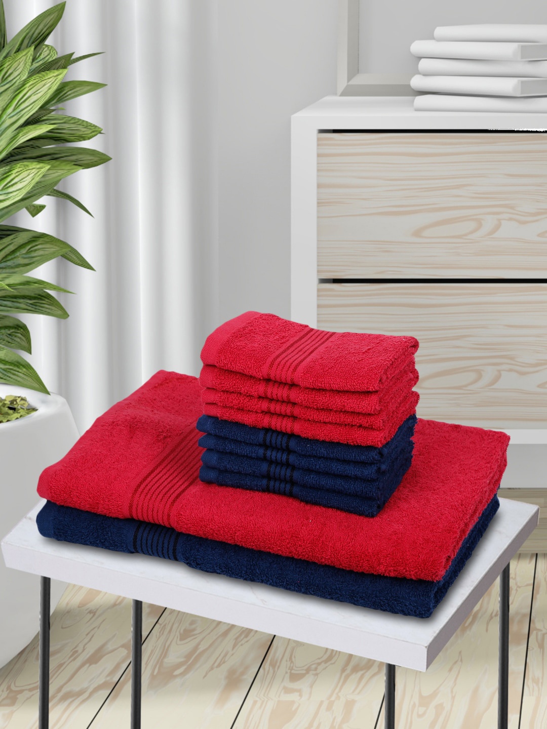 

KOPA Set Of 10 Red & Navy Blue Solid 380 GSM Pure Cotton Towels Set