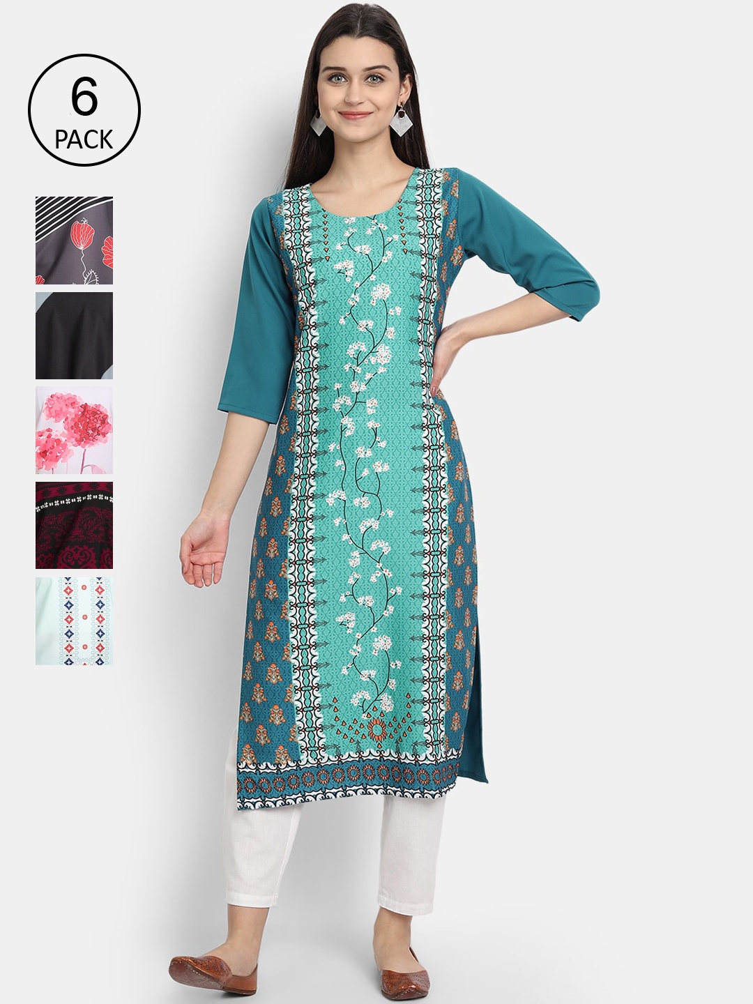 

Ethnic basket Women Pack Of 6 Ethnic Motifs Printed Crepe Kurta, Multi