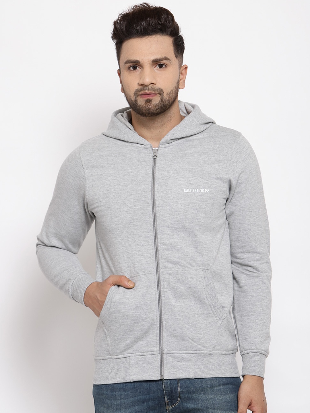 

Kalt Men Grey Melange Hooded Sweatshirt