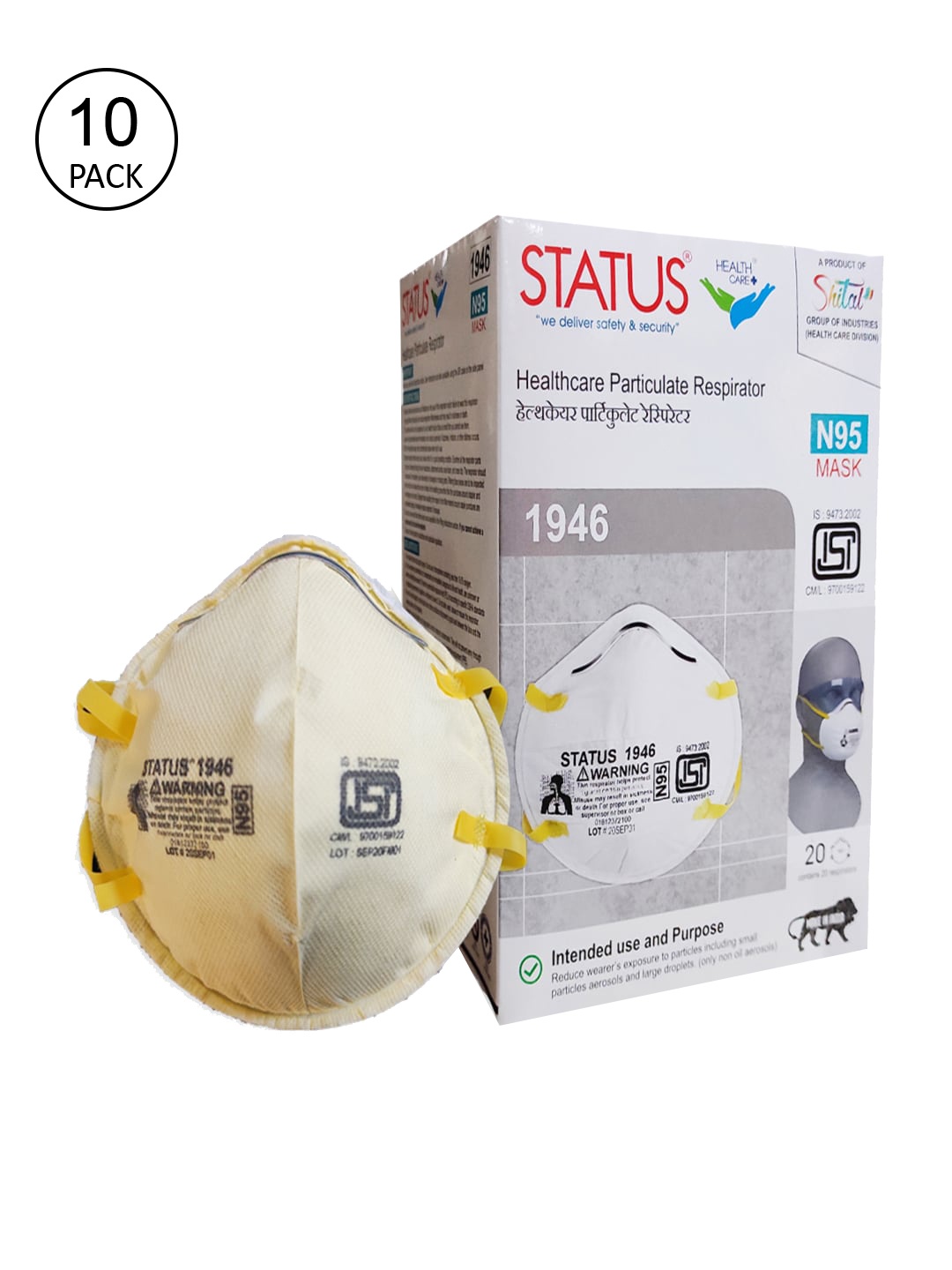 

Status Unisex Pack Of 10 Yellow Printed 5-Ply Reusable N95 Cup Face Masks