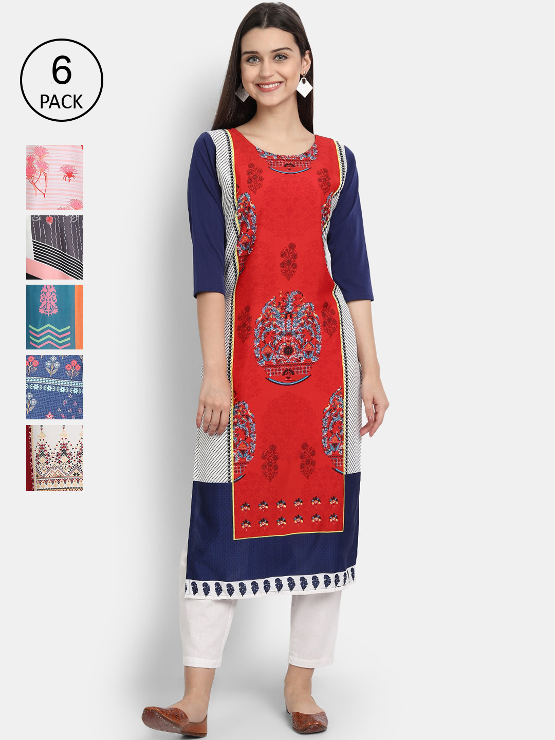 

Ethnic basket Women Pack of 6 Ethnic Motifs Printed Crepe Kurta, Multi